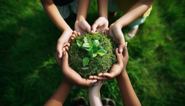 Foto niños sosteniendo tierra verde en sus manos en el fondo de hierba verde materiales mundanos aéreos