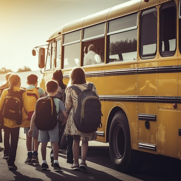 niños subiendo al autobús escolar foto desde un lado