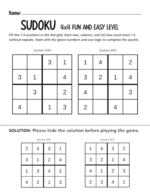 Niños Sudoku rompecabezas 4x4 juego de lógica para principiantes actividad en clase en el hogar y entrenamiento cerebral divertido