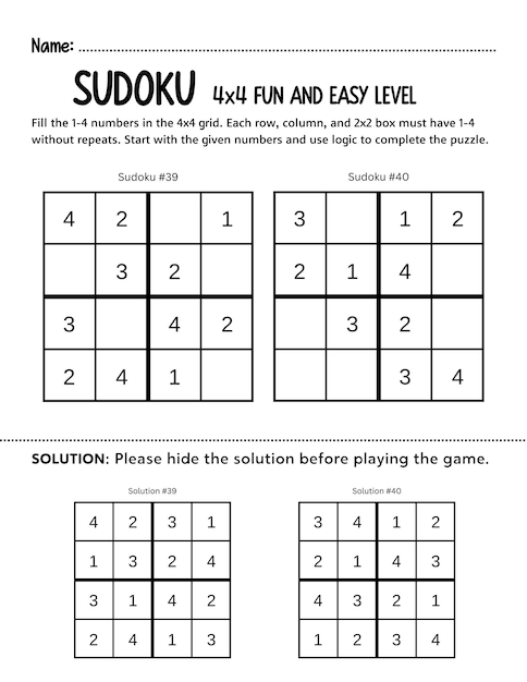Niños Sudoku rompecabezas 4x4 juego de lógica para principiantes actividad en clase en el hogar y entrenamiento cerebral divertido
