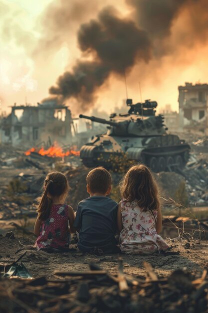 Foto niños en el telón de fondo de una ciudad destruida ia generativa