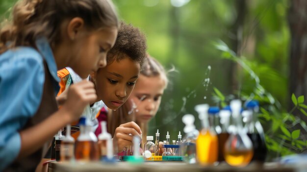 Los niños tienen curiosidad por la ciencia están experimentando con diferentes productos químicos y viendo los resultados