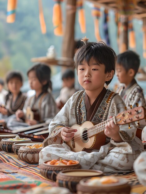 Niños tocando instrumentos musicales tradicionales en el Thim Neighbor Holiday Creative Background