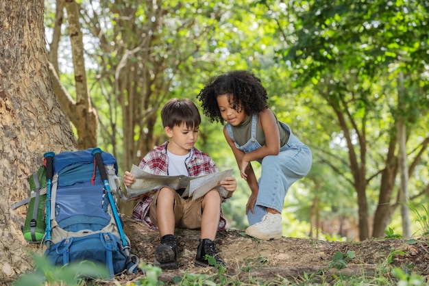 Foto niños de toda la longitud mirando el mapa en el bosque.