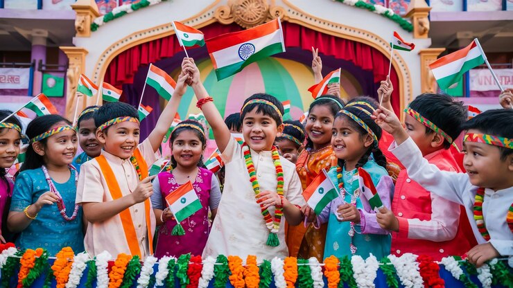 niños con trajes coloridos están celebrando un festival