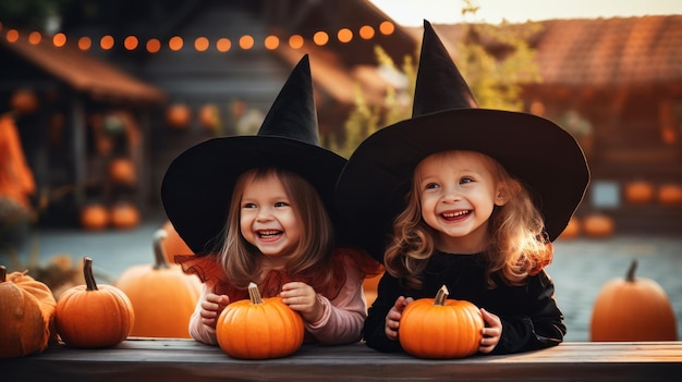 Foto niños con trajes de halloween sosteniendo calabazas de jackolantern sonriendo celebración de halloween