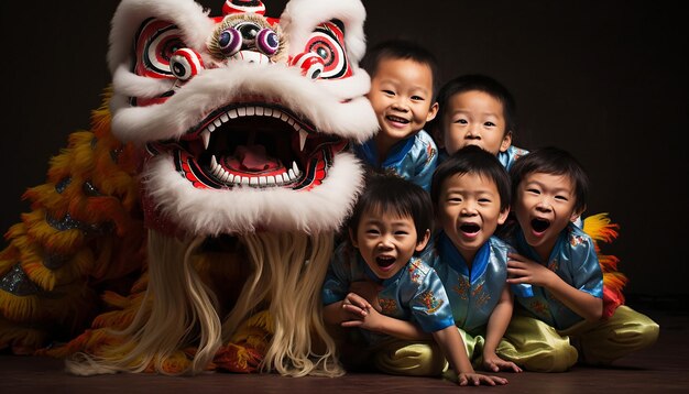 Foto niños con trajes tradicionales chinos realizando la danza del león sus rostros se iluminan de emoción