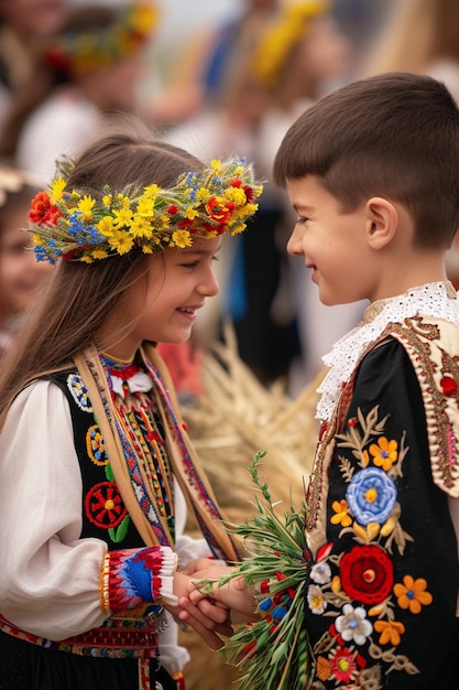 Foto niños con trajes tradicionales rumanos que se dan martisor entre sí