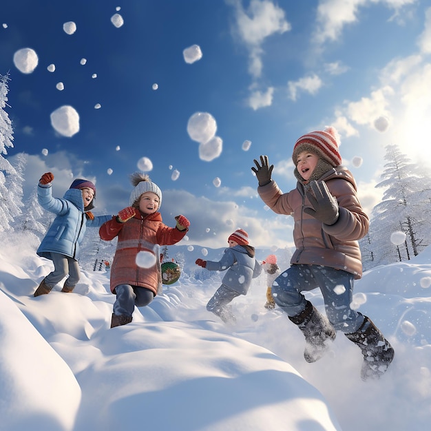 Niños ultra realistas en 3D jugando y disfrutando en la nieve