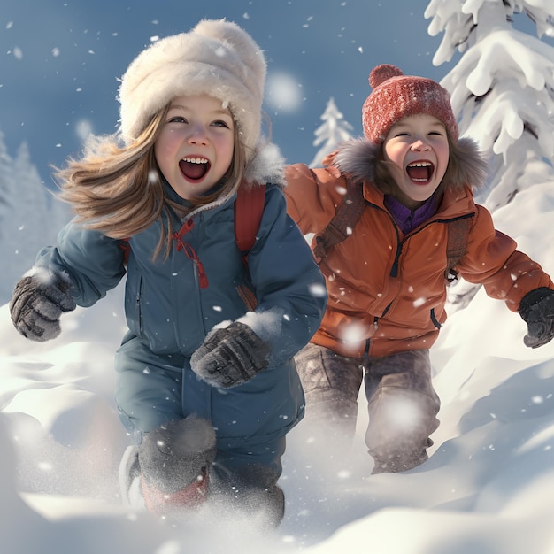 Niños ultra realistas en 3D jugando y disfrutando en la nieve