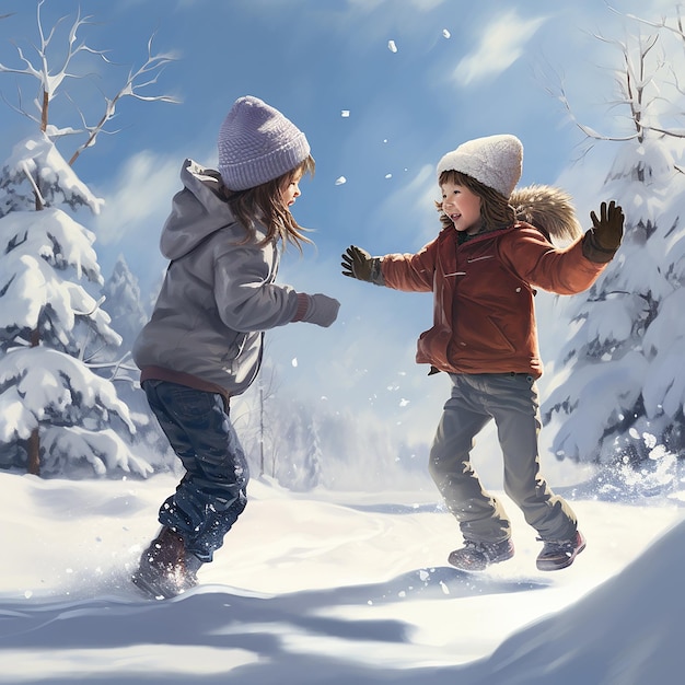 Niños ultra realistas en 3D jugando y disfrutando en la nieve