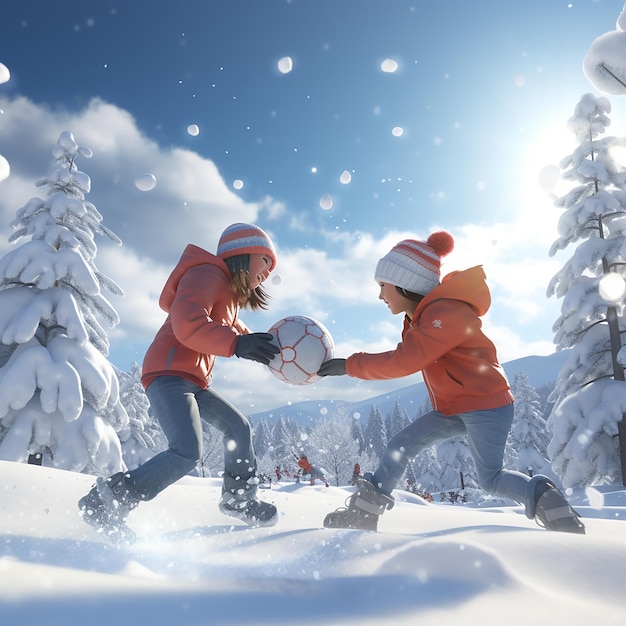 Niños ultra realistas en 3D jugando y disfrutando en la nieve