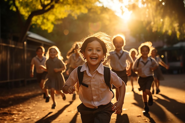 Niños con uniformes escolares corriendo hacia un patio de recreo