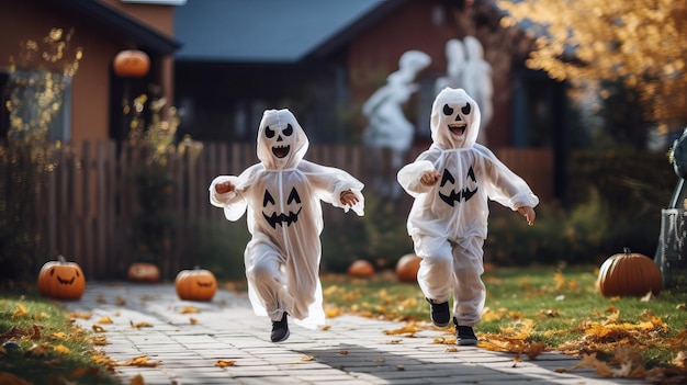 Los niños usan disfraces de Halloween corren por la calle truco o trato de Halloween disfraces espeluznantes