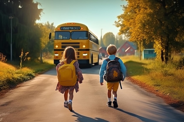 Los niños van a la escuela con mochilas regreso a la escuela ai generativo.