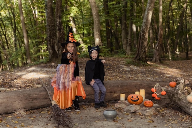 Niños vestidos con disfraces de brujas y murciélagos y divirtiéndose en el parque de otoño en Halloween Trick or treat