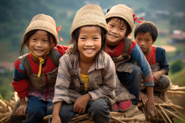 Niños vietnamitas hmong felices fondo de escalera vietnamita