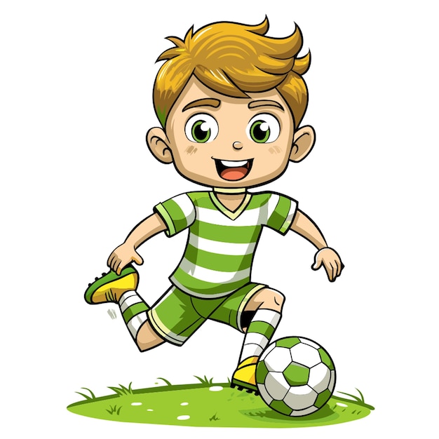 nio de 10 aos jugando a camiseta de futebol a rayas desenho animado de ilustração vetorial