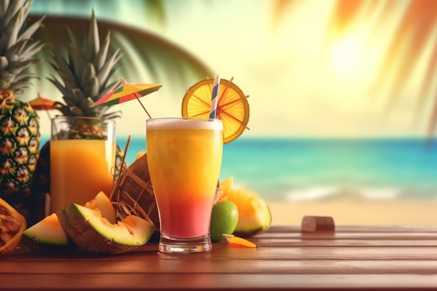 Nippen Sie an einem erfrischenden tropischen Cocktail an einem Bartisch am Sandstrand und genießen Sie den perfekten Sommerurlaub. Generative KI