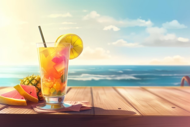 Nippen Sie an einem erfrischenden tropischen Cocktail an einem Bartisch am Sandstrand und genießen Sie den perfekten Sommerurlaub. Generative KI