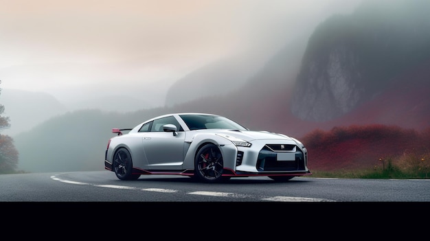 Un nissan gt - r plateado está en una carretera en un día de niebla.