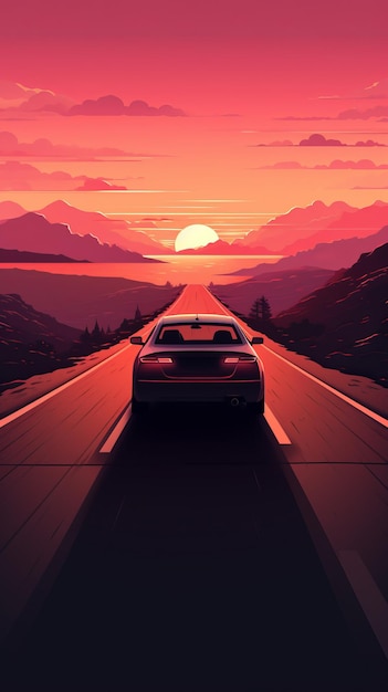 Foto el nissan sentra conduciendo en el camino del atardecer pixel art wallpaper