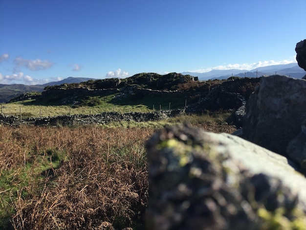 Foto nível da superfície da trilha no campo contra o céu azul