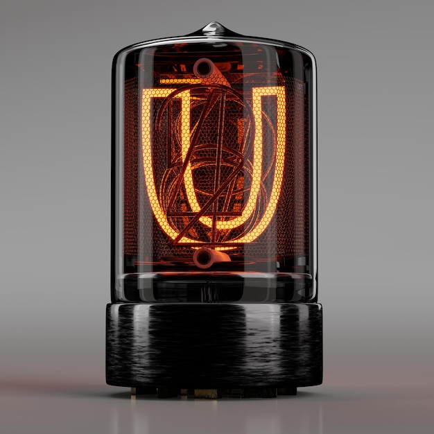 Foto nixie tube indikator großansicht buchstabe u retro-stil alphabet auf neutralem grau. 3d-rendering