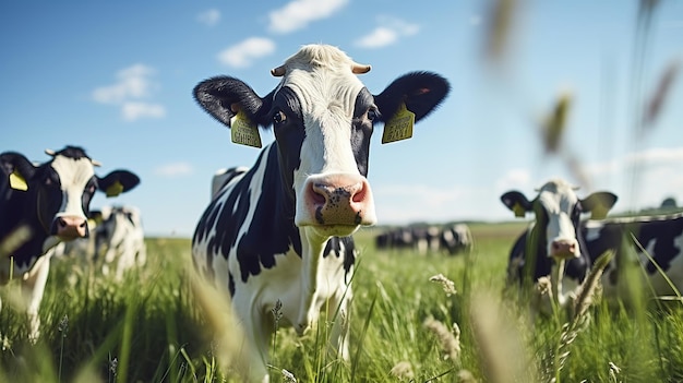 No abraço da primavera, uma manada de vacas desfruta do prado verde e do céu azul brilhante.