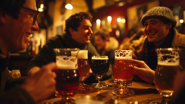 Foto no ambiente aconchegante da taverna, copos de cerveja agarrados nas mãos, os amigos se reúnem para compartilhar histórias e camaradagem, seus risos se misturando com a efervescência borbulhante da cerveja.