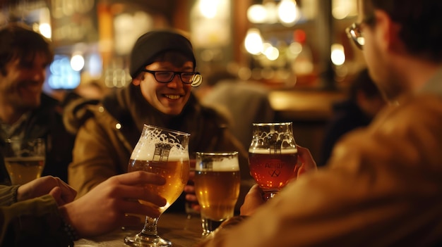 Foto no ambiente aconchegante da taverna, copos de cerveja agarrados nas mãos, os amigos se reúnem para compartilhar histórias e camaradagem, seus risos se misturando com a efervescência borbulhante da cerveja.