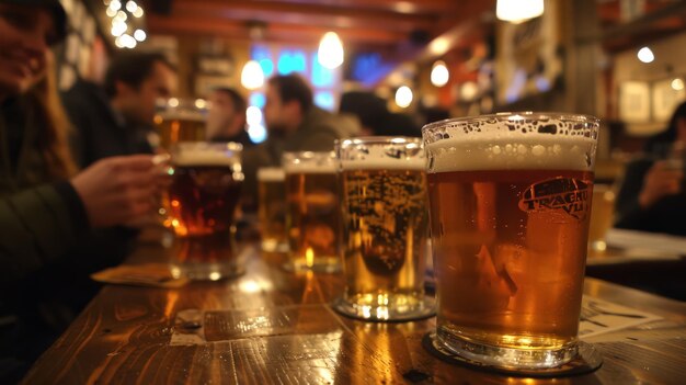 Foto no ambiente aconchegante da taverna, copos de cerveja agarrados nas mãos, os amigos se reúnem para compartilhar histórias e camaradagem, seus risos se misturando com a efervescência borbulhante da cerveja.