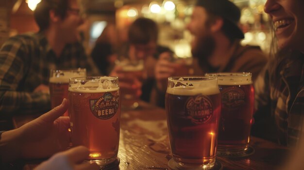 Foto no ambiente aconchegante da taverna, copos de cerveja agarrados nas mãos, os amigos se reúnem para compartilhar histórias e camaradagem, seus risos se misturando com a efervescência borbulhante da cerveja.