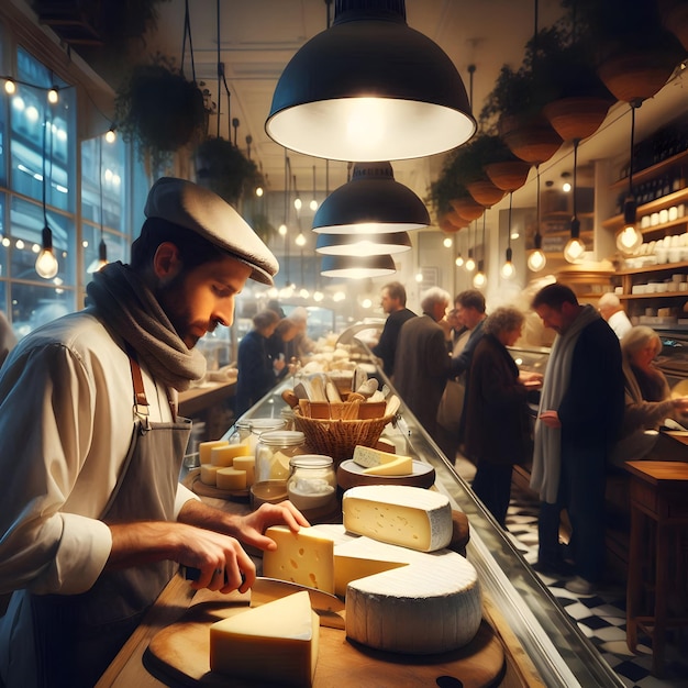 No ambiente aconchegante de uma pitoresca delicatessen, um comerciante de queijo destreza com habilidade queijos artesanais.