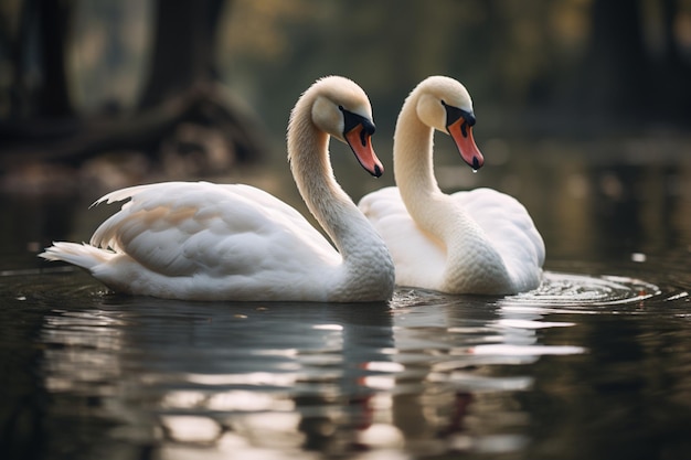 No amor na água uma foto serena de um par de cisnes brancos