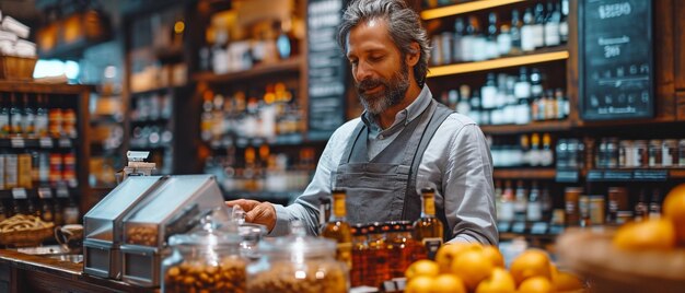 No balcão da loja de bebidas, um empresário paga ao caixa.