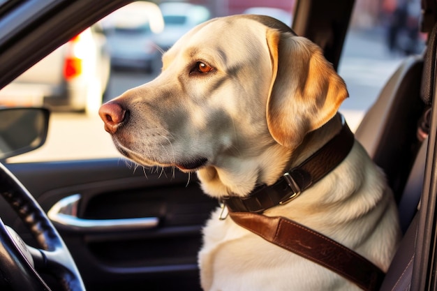 No banco do motorista, um labrador de estimação desfruta de um passeio de carro Tema de viagem de animais