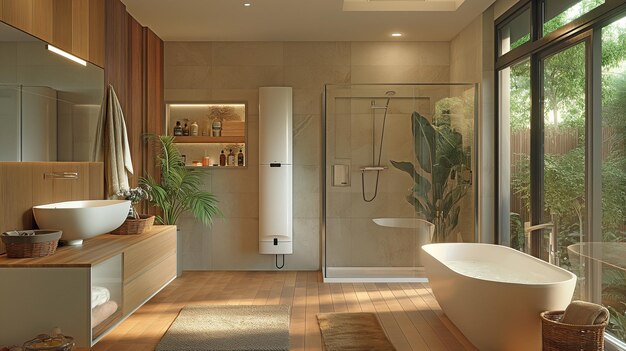 Foto no banheiro, um aquecedor de água de armazenamento inteligente