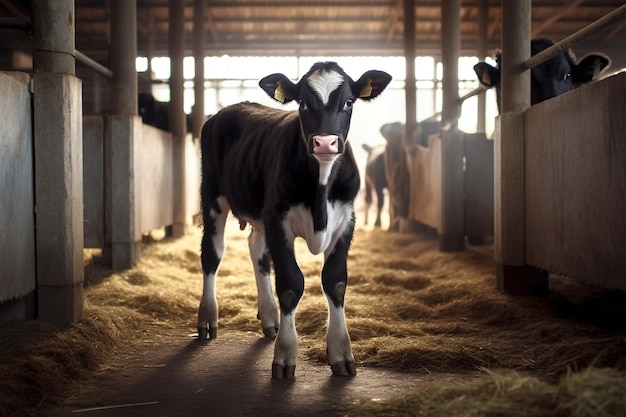 No berçário de uma fazenda de gado leiteiro, um bezerro encontra conforto e cuidado Rodeado por um ambiente acolhedor, ele cresce sob o olhar atento dos fazendeiros Generative AI
