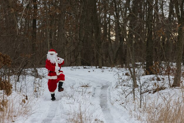 No caminho, o Papai Noel carrega presentes de Natal na floresta de inverno em torno da neve branca