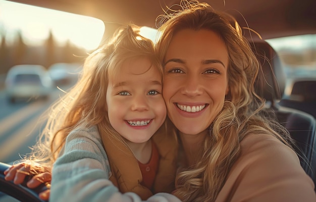 No carro, uma mãe alegre está a fazer cócegas à filha.