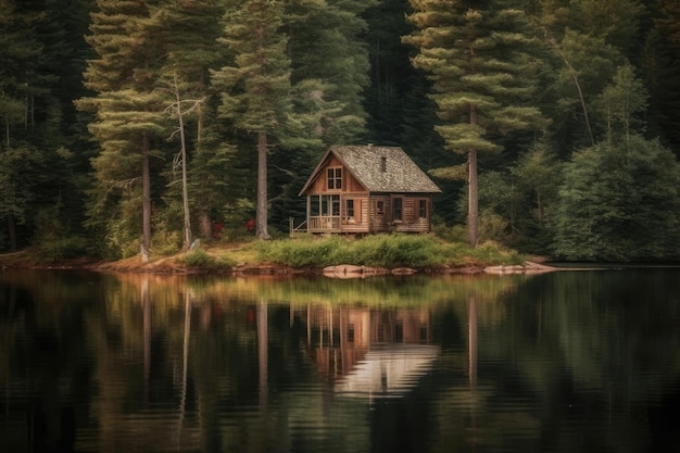 No centro do lago está localizada uma cabana serena Generative AI