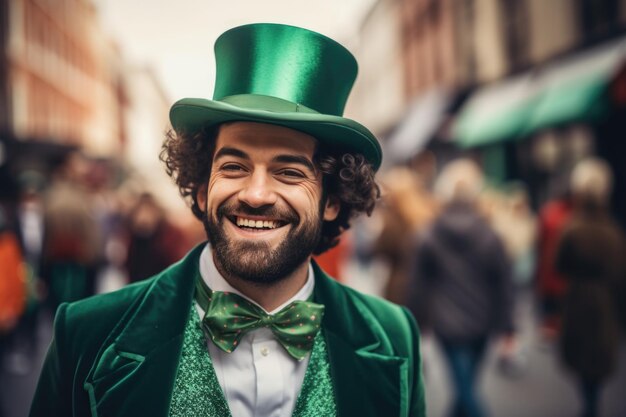 No coração da cidade, um homem brilha com o espírito do Dia de São Patrício, vestindo roupas de duende e um chapéu, criando uma atmosfera animada e festiva na rua.