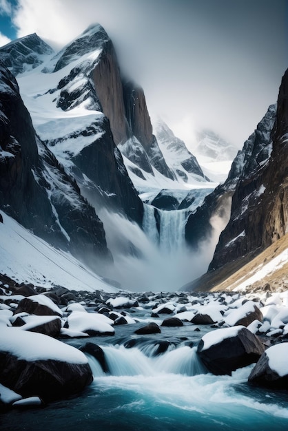 Foto no coração de uma paisagem montanhosa acidentada, uma avalanche de inverno desce com força imparável.