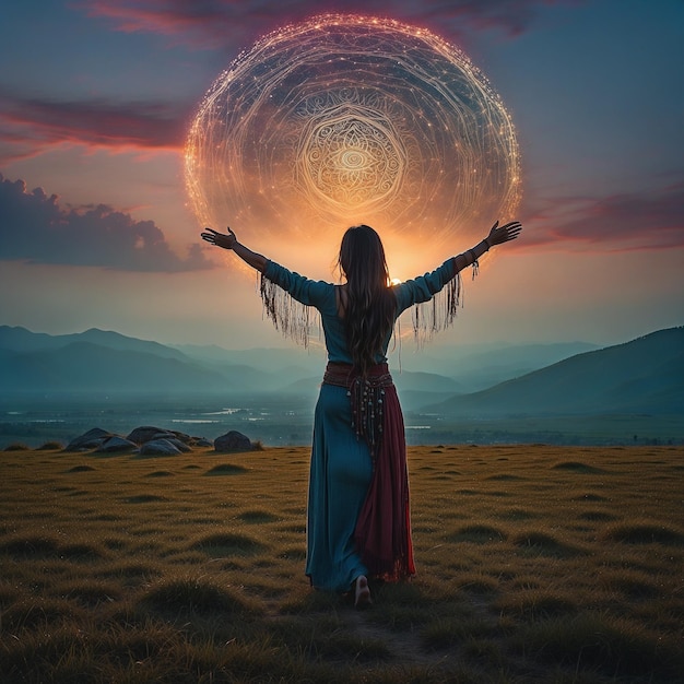 Foto no coração de uma paisagem selvagem uma bela mulher xamã alcança o céu runas antigas