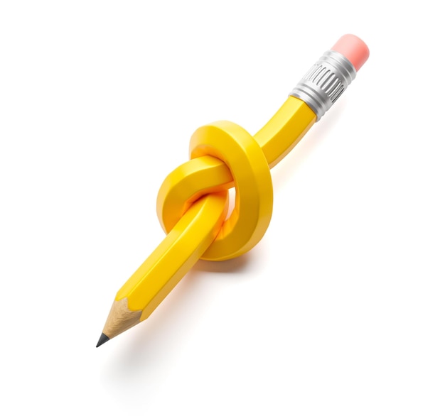 Nó de lápis O lápis está amarrado em um nó isolado em fundo branco