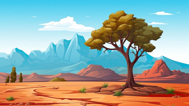 No deserto, uma árvore solitária fica com um cenário de montanhas Generative AI