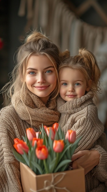 No Dia da Mãe, um pequeno jovem dá a uma mãe madura uma caixa de presentes cheia de flores e abraça-a.