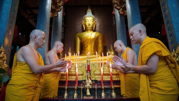 Foto no dia da puja, os monges acendem velas e rezam à estátua de buda no templo de phan tao, em chiang mai tha.