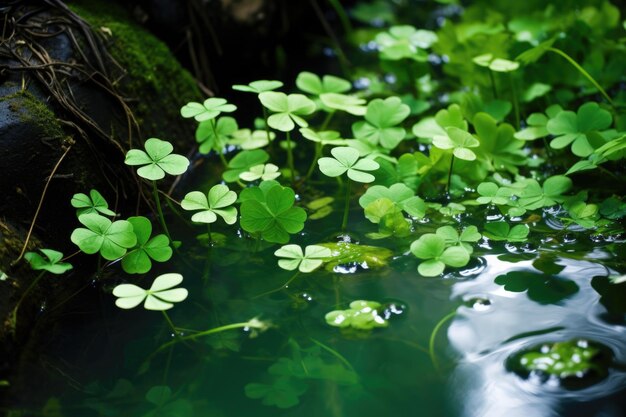 No Dia de São Patrício, uma característica de água prospera com o trevo, as folhas verdes dançando na superfície da lagoa. A cena incorpora a essência da celebração da natureza.